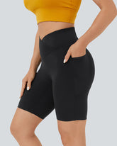 High-Waist Crossover Side Pockets Biker Shorts 7" for Women