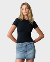 Mid Rise Denim Mini Skirt | Stretch Indigo Denim