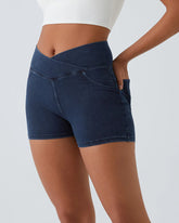 High-Waist Crossover Back Denim Shorts with Side Pockets 3”