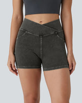 High-Waist Crossover Back Denim Shorts with Side Pockets 3”
