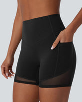 High-Waist Tummy Control Biker Shorts with Side Pockets & Contrast Mesh
