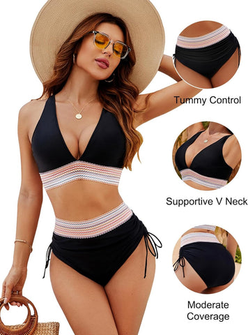 Conjuntos de bikini con bloques de color y control de barriga de talle alto