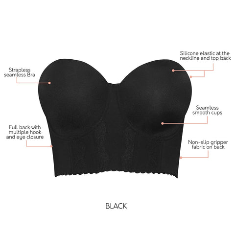 Woobilly®STRAPLESS LONG LINE BUSTIER BRA-BLACK