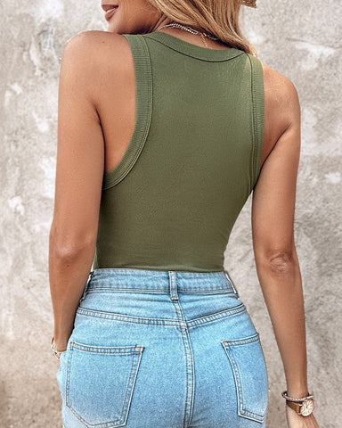 Round Neck Ribbed Tank Top with Built in Bra Pads