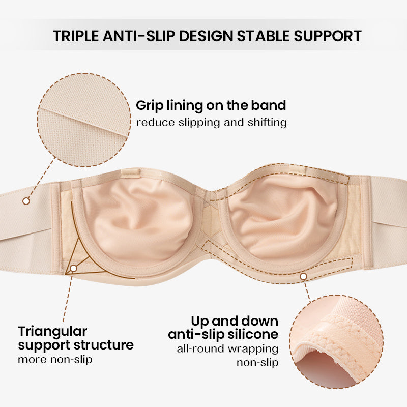 Full Support Non-Slip Convertible Bandeau Bra, Detachable Strap