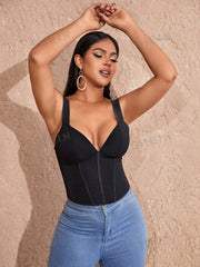 Apperloth A Solid Deep V Neck Lace Up Backless Crop Corset Top