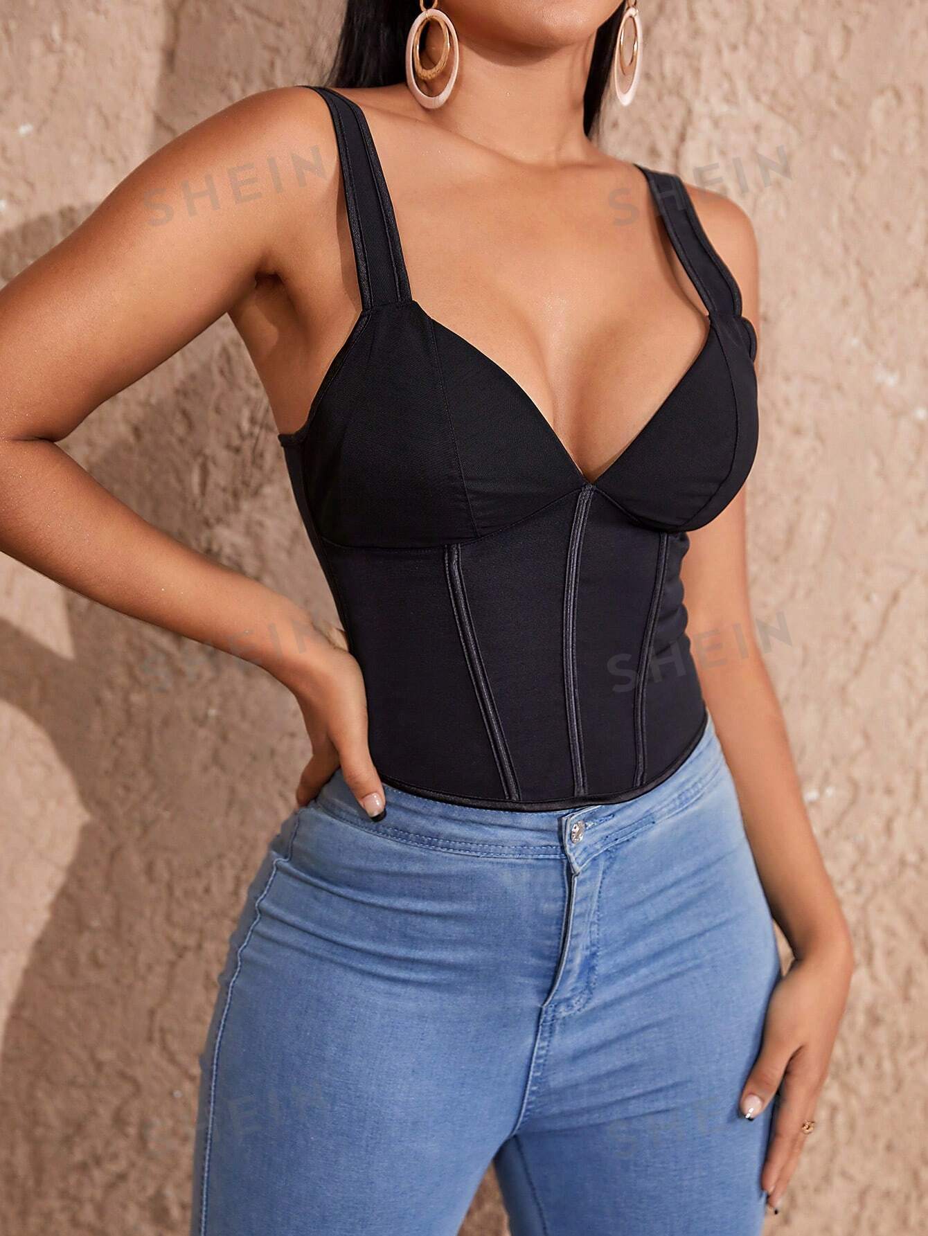 Apperloth A Solid Deep V Neck Lace Up Backless Crop Corset Top