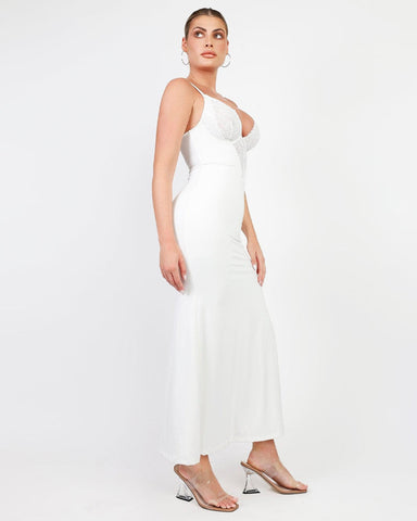 Deep-V Lace High-Slit Maxi Dress with Built-In Shapewear