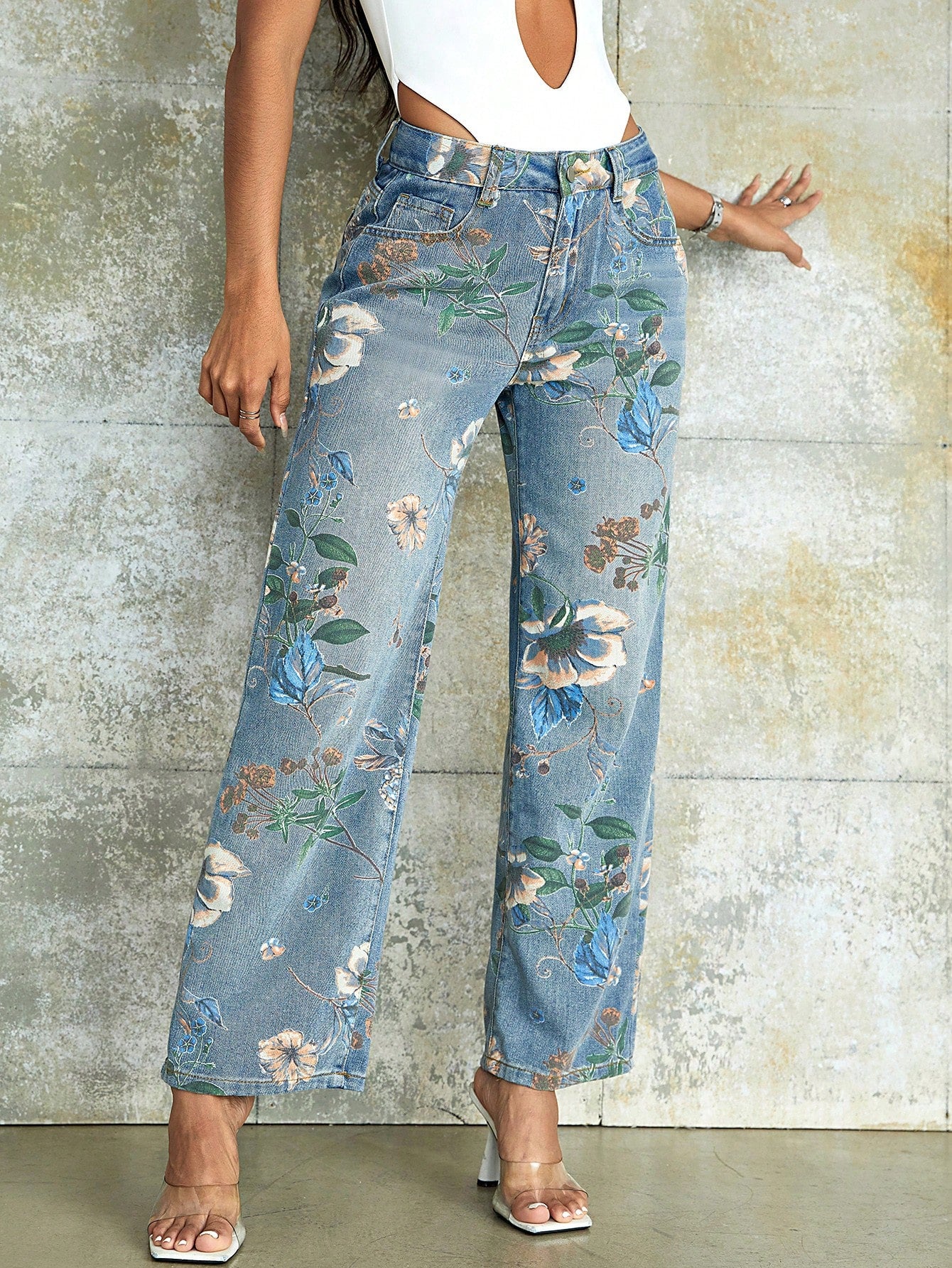 90s Vintage Floral Print High Waist Wide Leg Jeans
