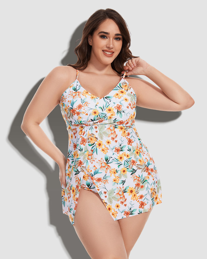 Tummy Control V Neck Twist Knot Floral Print Tropical Swimdress