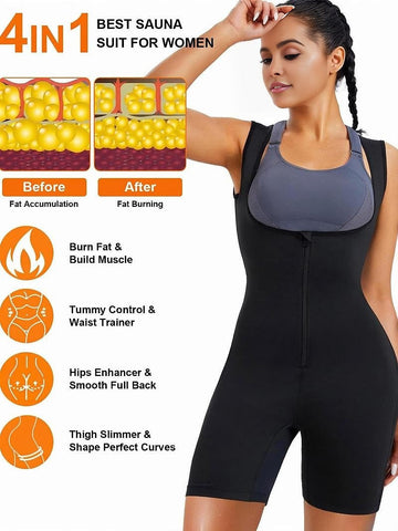 Women's Solid Zip Up Sauna Shapewear Bodysuit