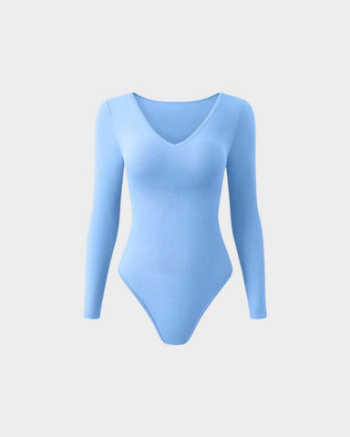 Sexy Ribbed V Neck Long Sleeve Bodysuits