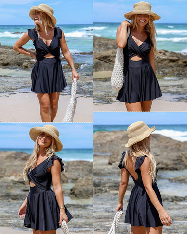 Ruffle Sleeve Cross Front Swimsuit Dress