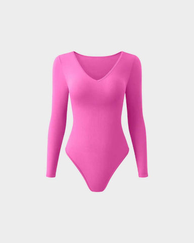 Sexy Ribbed V Neck Long Sleeve Bodysuits