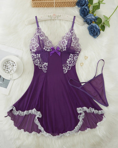 Sexy V Neck Sheer Lace Nightgown with G-String