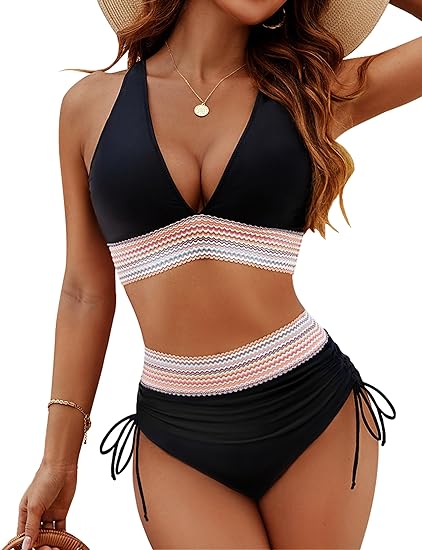 Woobilly® High Waisted Tummy Control Color Block Bikini Sets