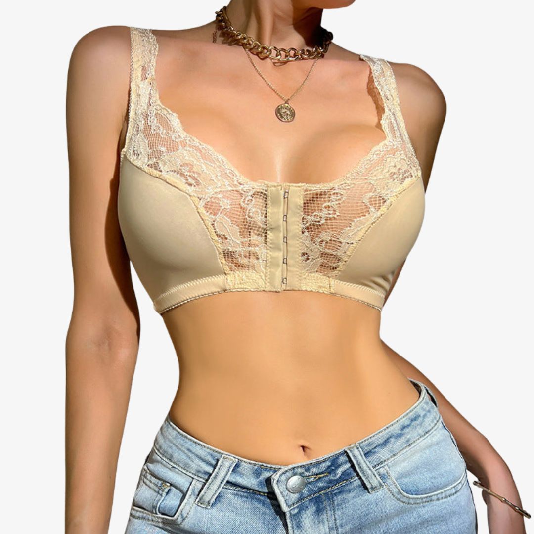 Women Lace Front Buckle Bra with Large Shoulder Straps and No Steel Ring Bra