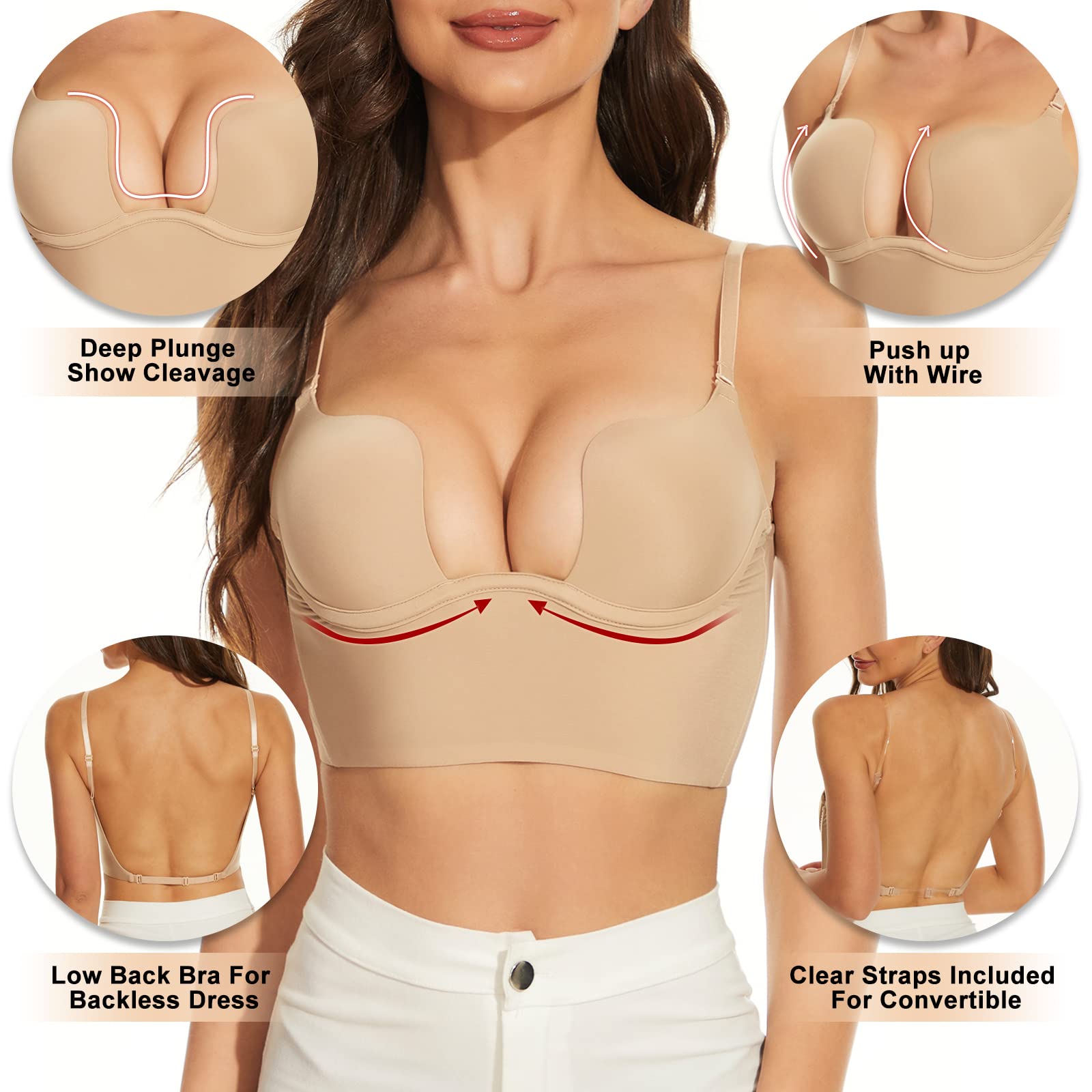 Woobilly®Low Back Secret Plunge Bra - Beige+White (2 Pack)