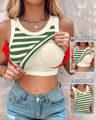 Camiseta sin mangas de canalé con cuello redondo y almohadillas de sujetador incorporadas