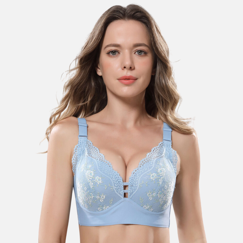 Lace Large Size Push-Up Bra Smooths Fat-Blue - Woobilly