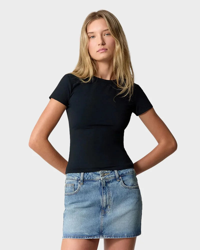 Mid Rise Denim Mini Skirt | Stretch Indigo Denim