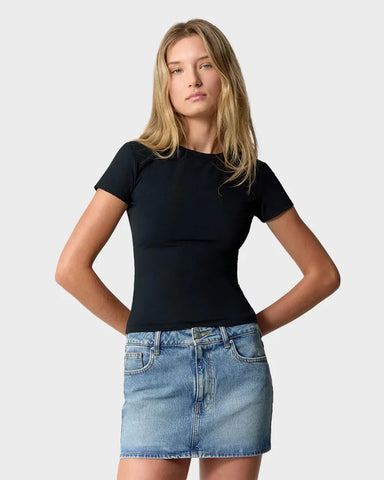 Mid Rise Denim Mini Skirt | Stretch Indigo Denim
