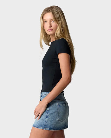 Mid Rise Denim Mini Skirt | Stretch Indigo Denim