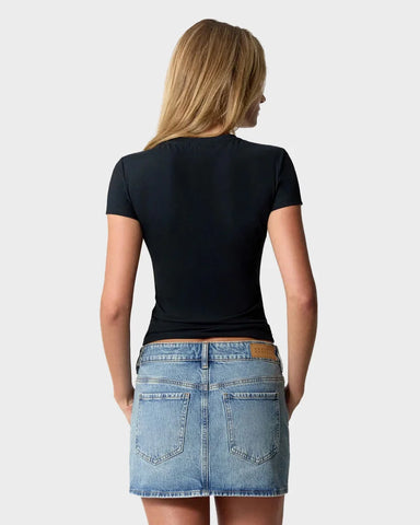 Mid Rise Denim Mini Skirt | Stretch Indigo Denim