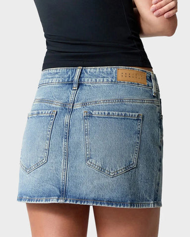 Mid Rise Denim Mini Skirt | Stretch Indigo Denim