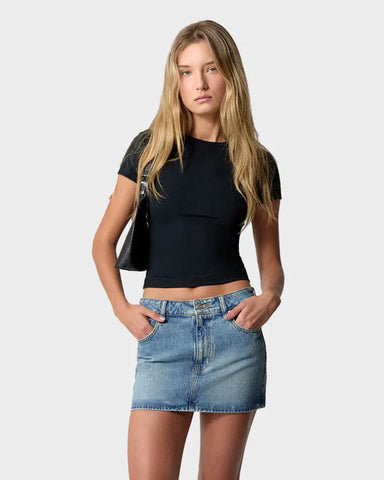 Mid Rise Denim Mini Skirt | Stretch Indigo Denim