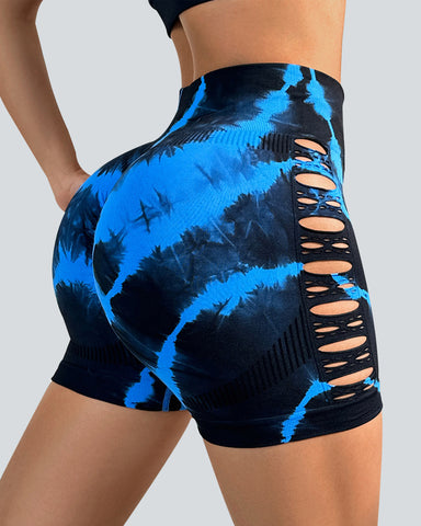 Hollow Out Tie Dye Tummy Control Shaping Biker Shorts for Women