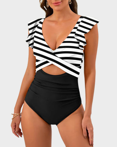 Ruffle Sleeve Cut-Out Ruched One-Piece Swimsuit