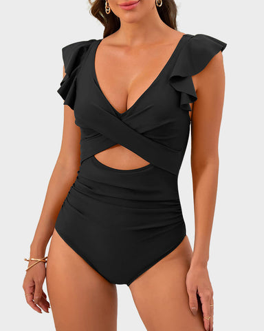 Ruffle Sleeve Cut-Out Ruched One-Piece Swimsuit