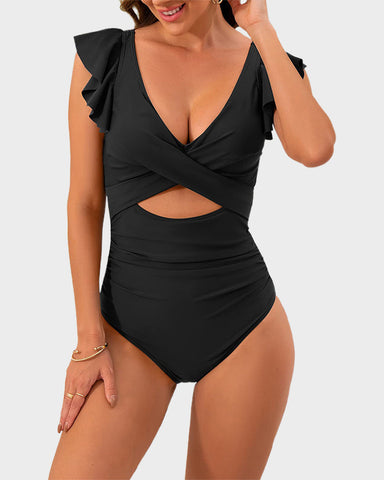 Ruffle Sleeve Cut-Out Ruched One-Piece Swimsuit