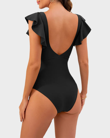 Ruffle Sleeve Cut-Out Ruched One-Piece Swimsuit