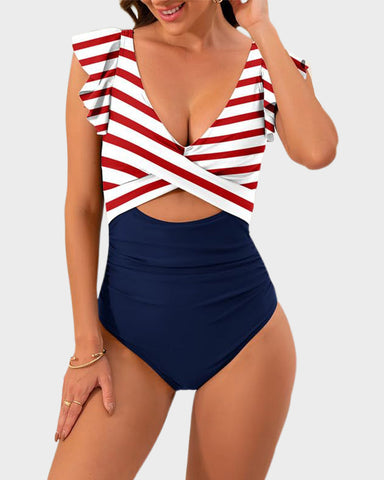 Ruffle Sleeve Cut-Out Ruched One-Piece Swimsuit