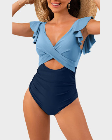 Ruffle Sleeve Cut-Out Ruched One-Piece Swimsuit