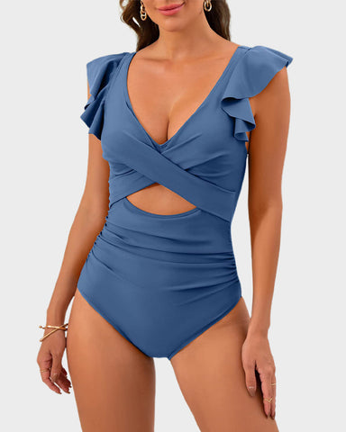 Ruffle Sleeve Cut-Out Ruched One-Piece Swimsuit