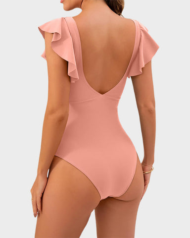 Ruffle Sleeve Cut-Out Ruched One-Piece Swimsuit