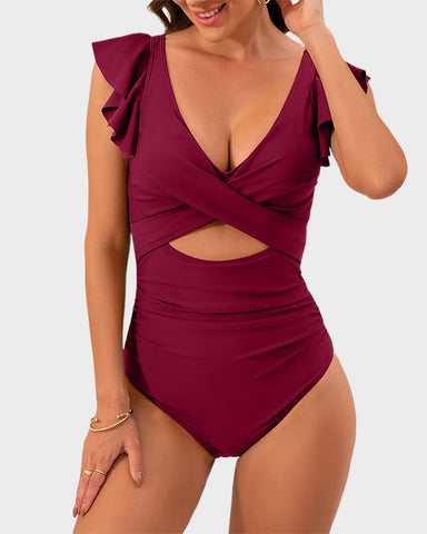 Ruffle Sleeve Cut-Out Ruched One-Piece Swimsuit