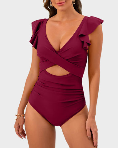 Ruffle Sleeve Cut-Out Ruched One-Piece Swimsuit