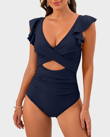 Ruffle Sleeve Cut-Out Ruched One-Piece Swimsuit