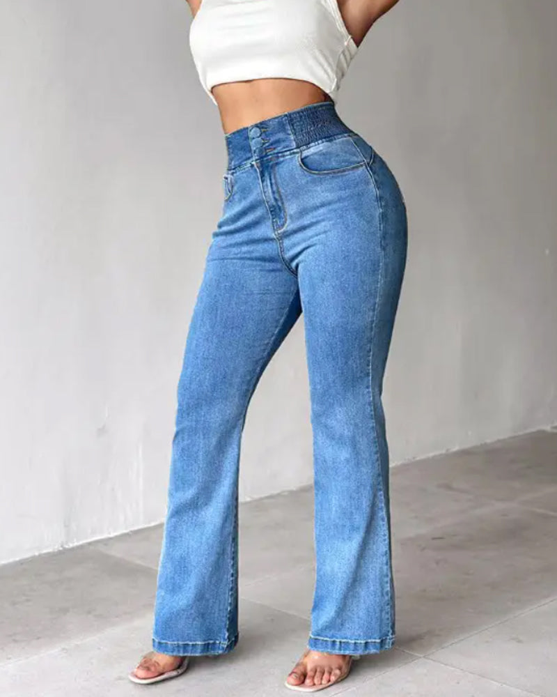 Back Shirred Button Front High Waist Jeans Skinny Flared Denim Jeggings