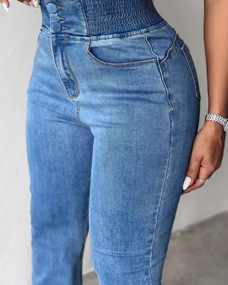 Back Shirred Button Front High Waist Jeans Skinny Flared Denim Jeggings