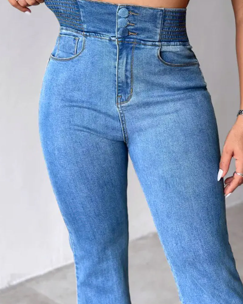 Back Shirred Button Front High Waist Jeans Skinny Flared Denim Jeggings