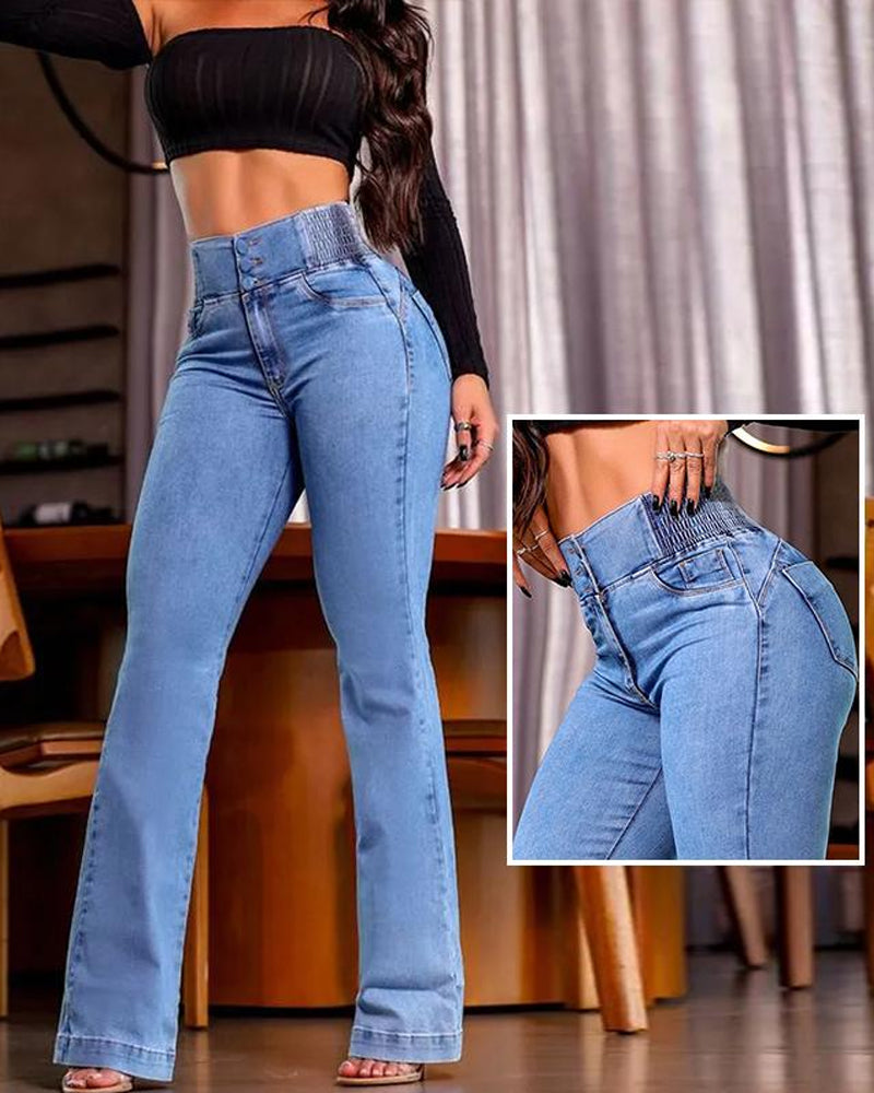 Back Shirred Button Front High Waist Jeans Skinny Flared Denim Jeggings