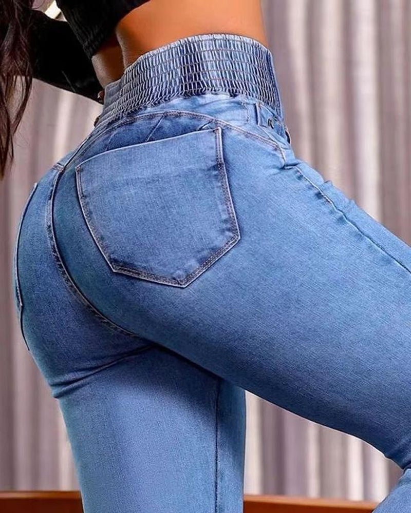 Back Shirred Button Front High Waist Jeans Skinny Flared Denim Jeggings