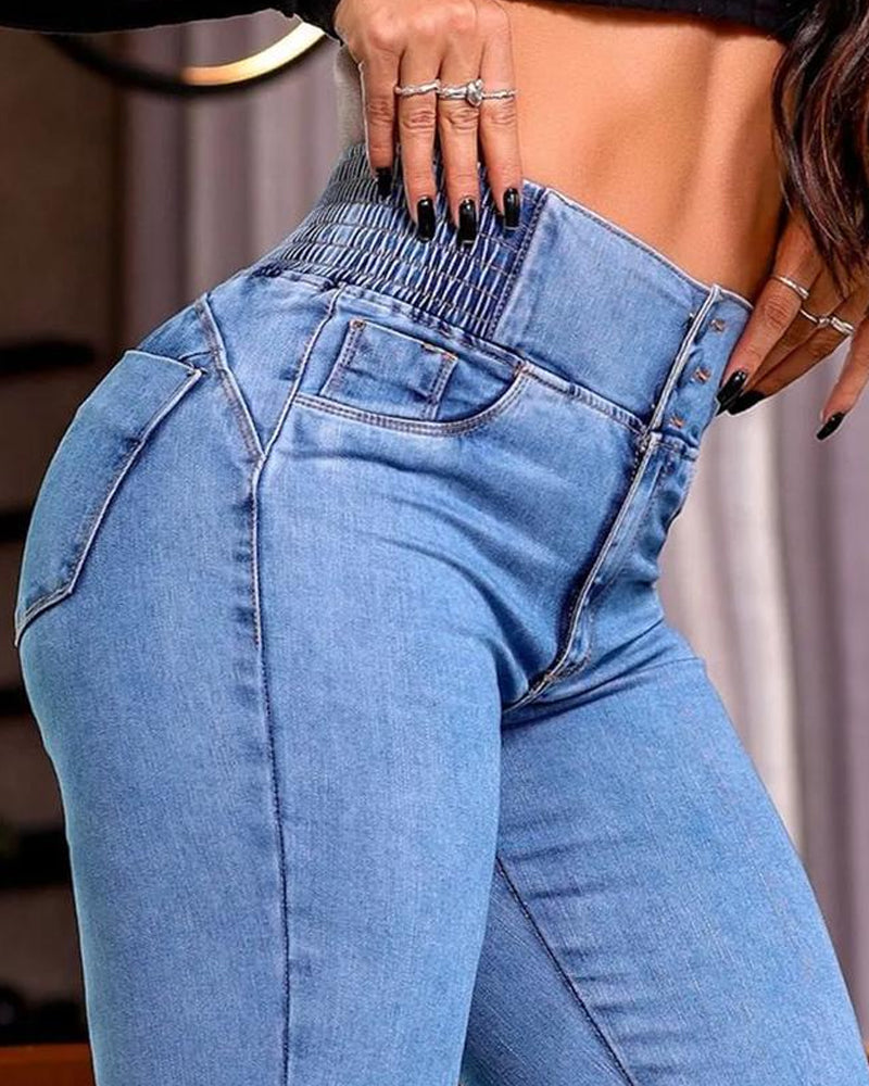 Back Shirred Button Front High Waist Jeans Skinny Flared Denim Jeggings