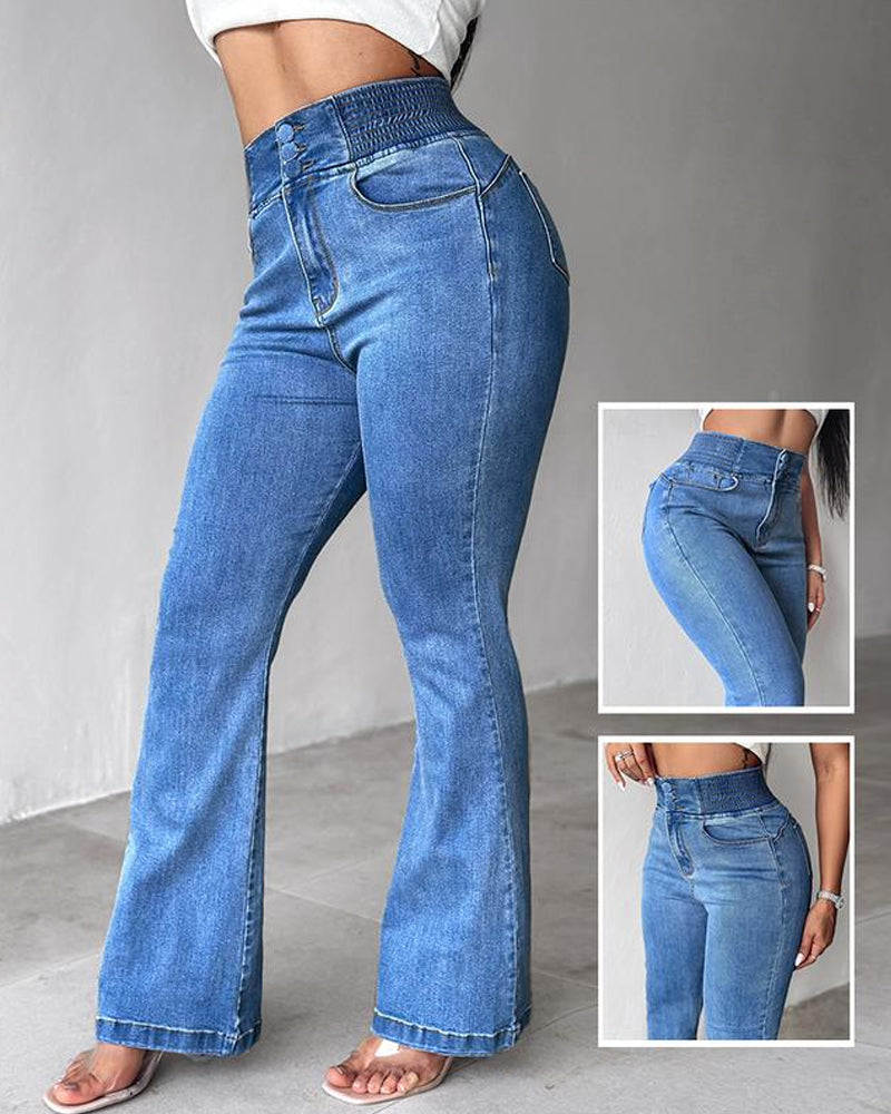 Back Shirred Button Front High Waist Jeans Skinny Flared Denim Jeggings