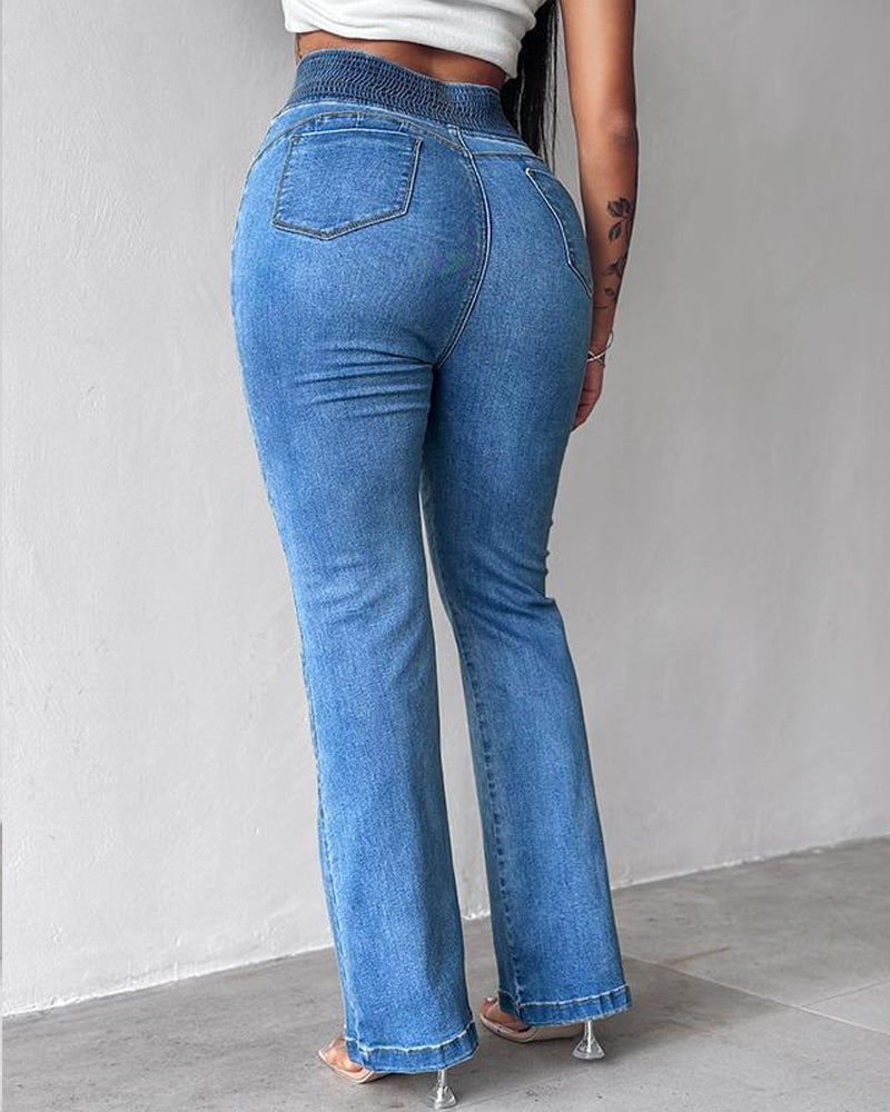 Back Shirred Button Front High Waist Jeans Skinny Flared Denim Jeggings